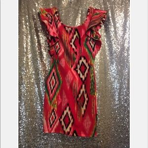 AKIRA Ikat Print Pink Dress Ruffled Sleeve